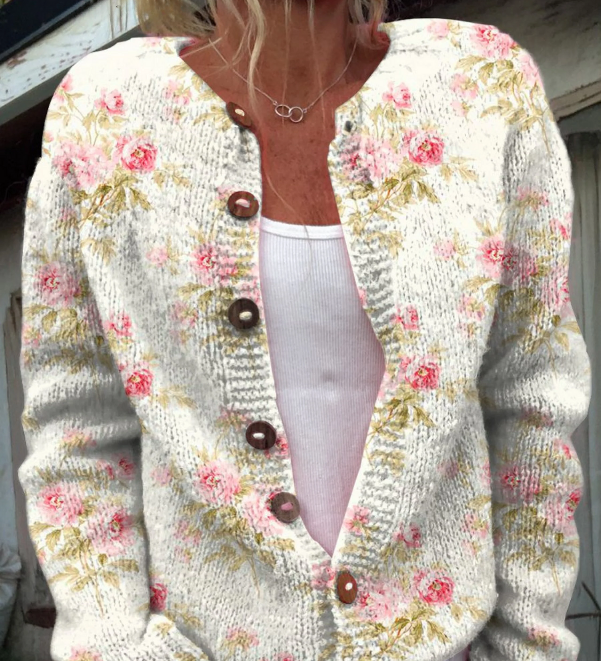 Blomster- og Bladprint Knappet Cardigan til kvinder | Elsebeth København