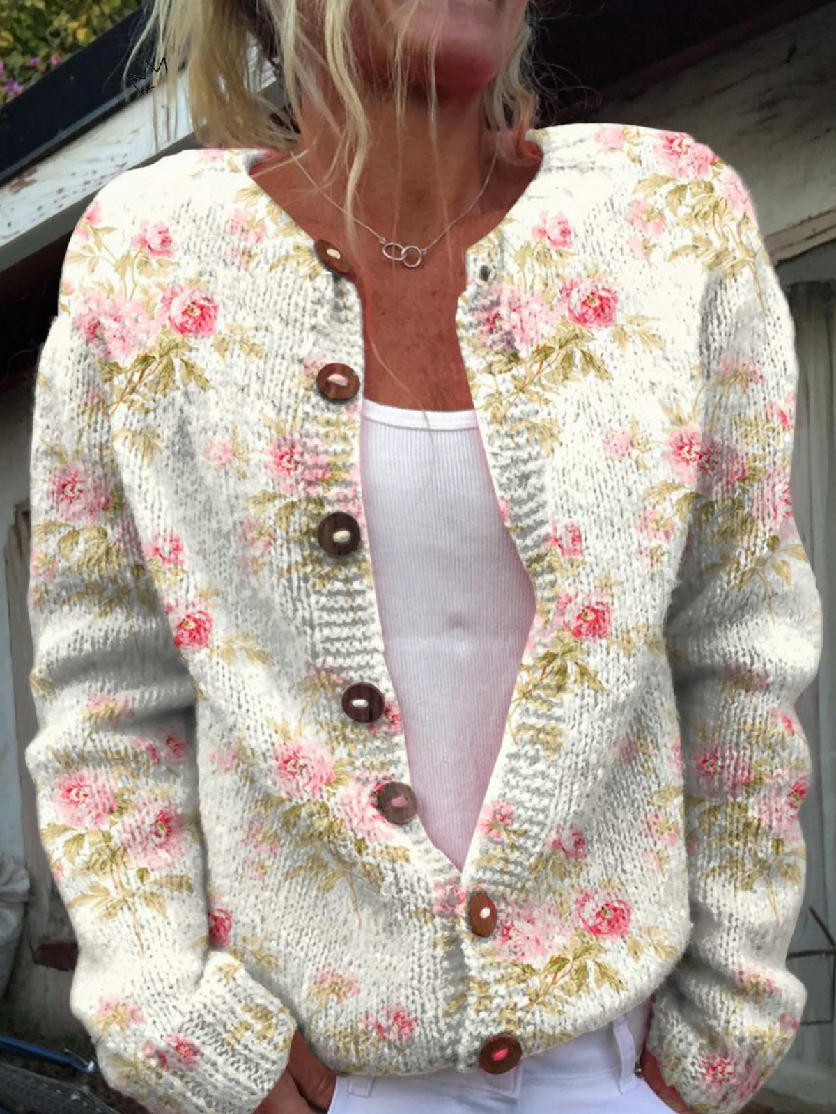 Blomster- og Bladprint Knappet Cardigan til kvinder | Elsebeth København