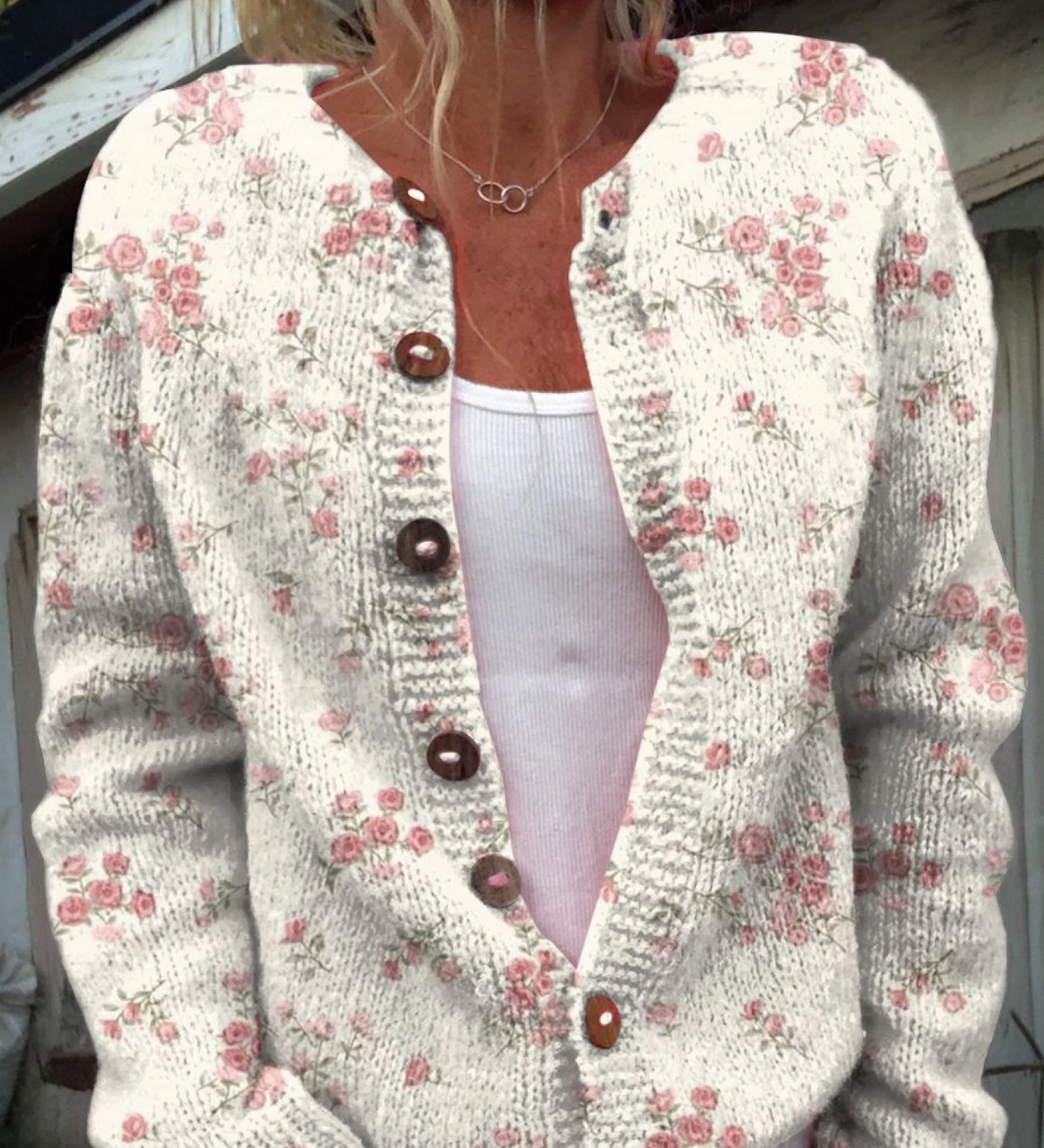 Lyserøde Roseblomster Print Knappet Cardigan til kvinder | Elsebeth København
