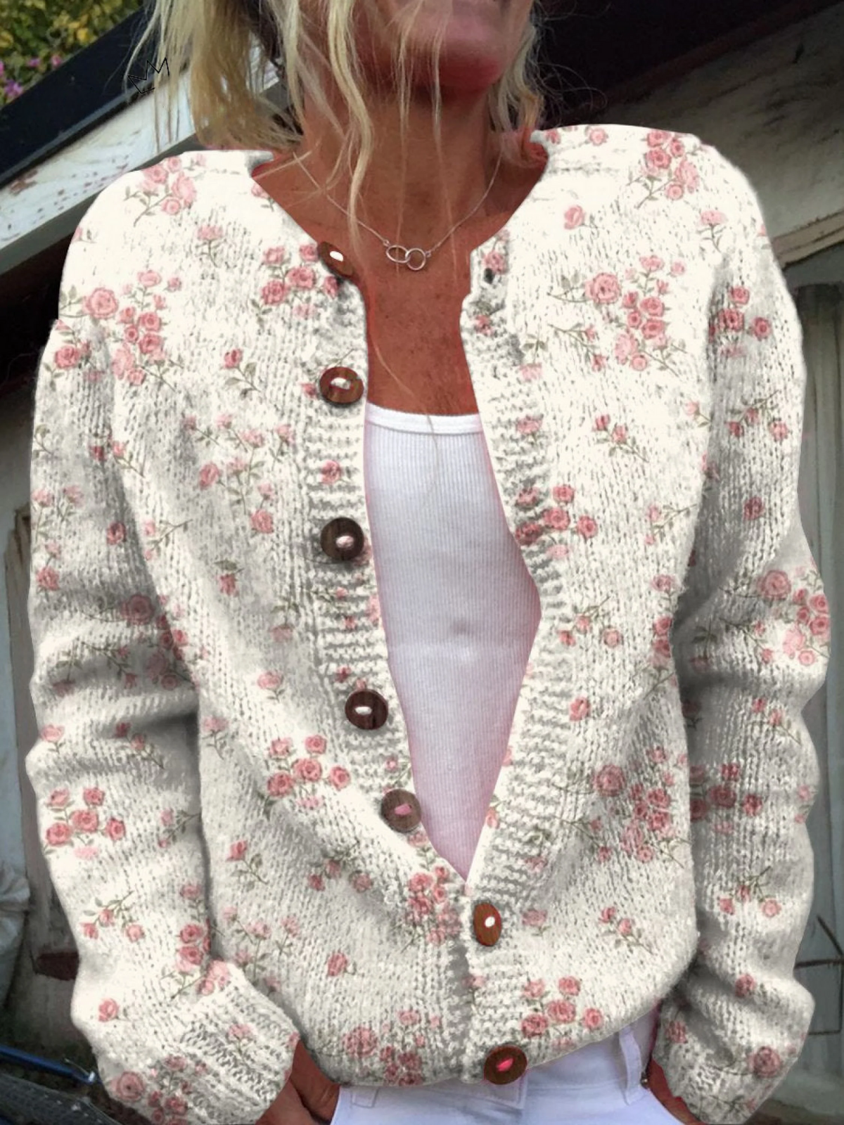 Lyserøde Roseblomster Print Knappet Cardigan til kvinder | Elsebeth København