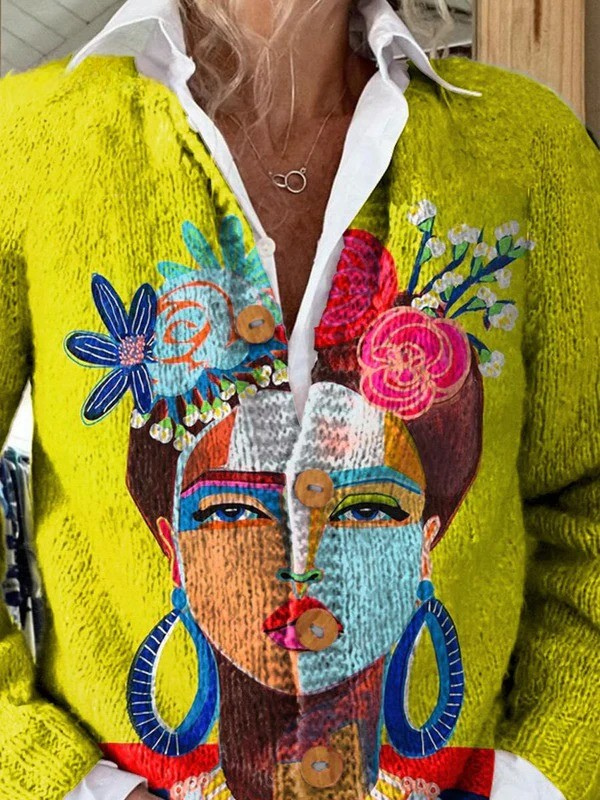 Malet Portræt Kunst Trykt Knappet Cardigan til kvinder
