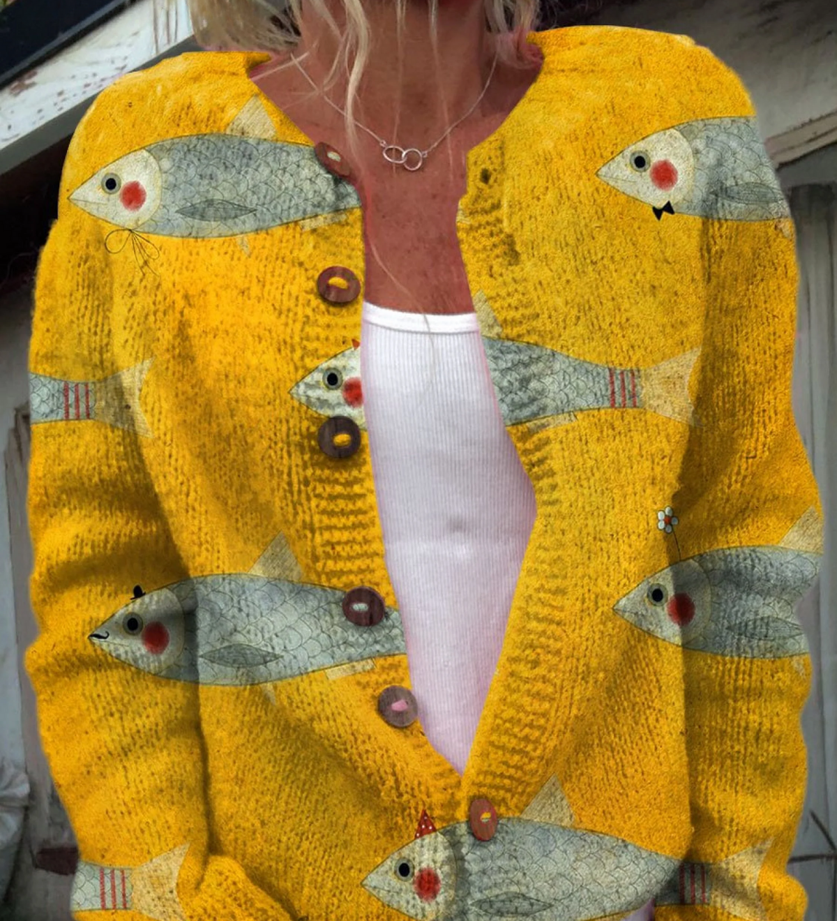 Vintage Fisk Sardiner Kunsttryk Knappet Cardigan til kvinder | Elsebeth København