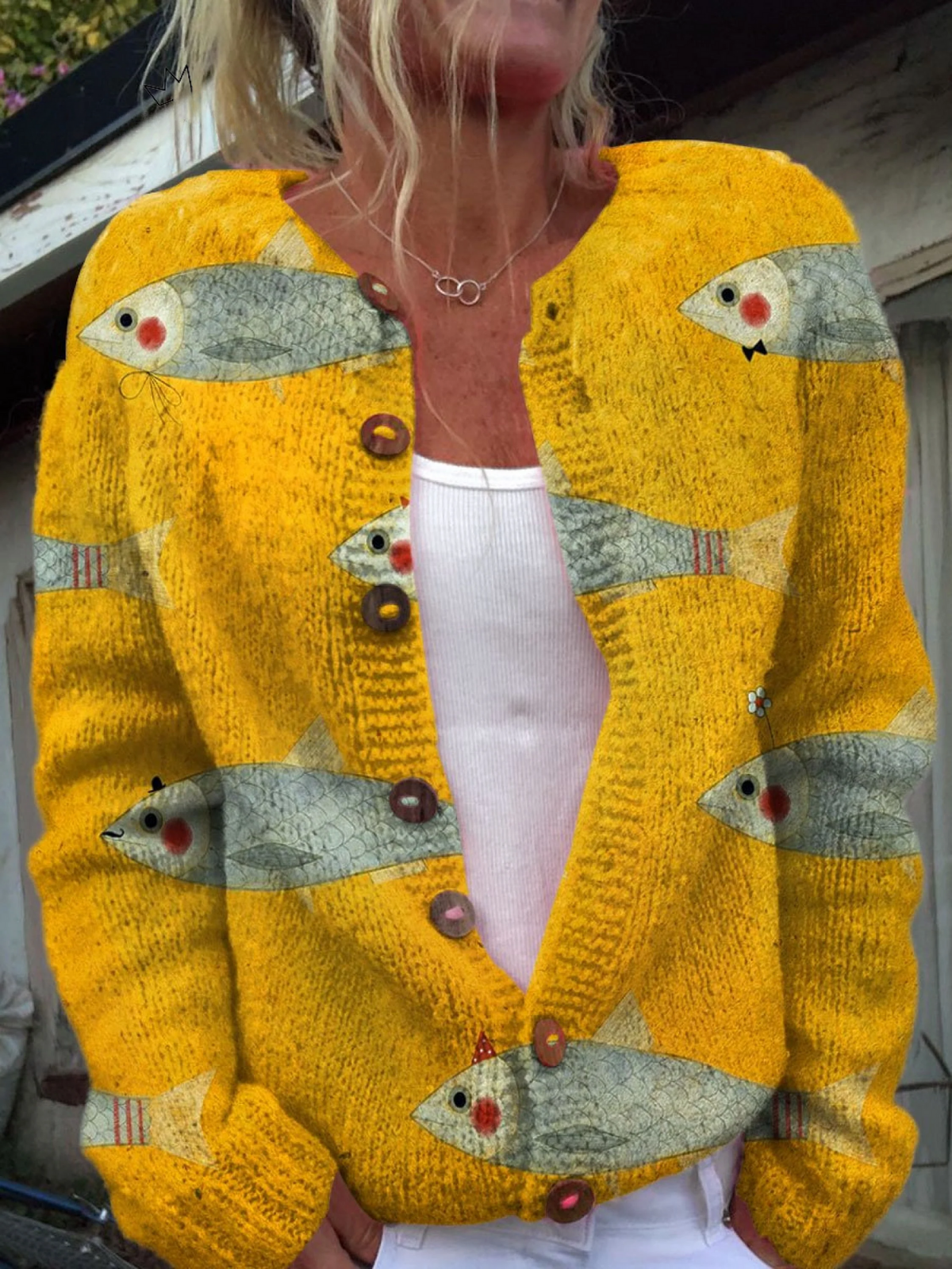Vintage Fisk Sardiner Kunsttryk Knappet Cardigan til kvinder | Elsebeth København