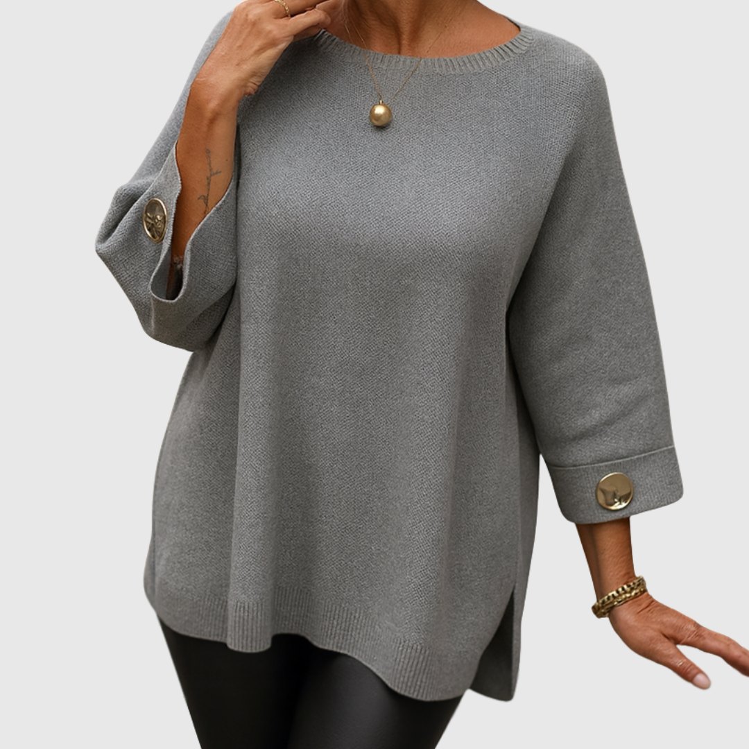 Sylvie striksweater med knapdetaljer fra Elsebeth København, detalje af strikken
