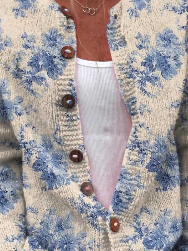 Blomster Kunst Print Knappet Cardigan til kvinder