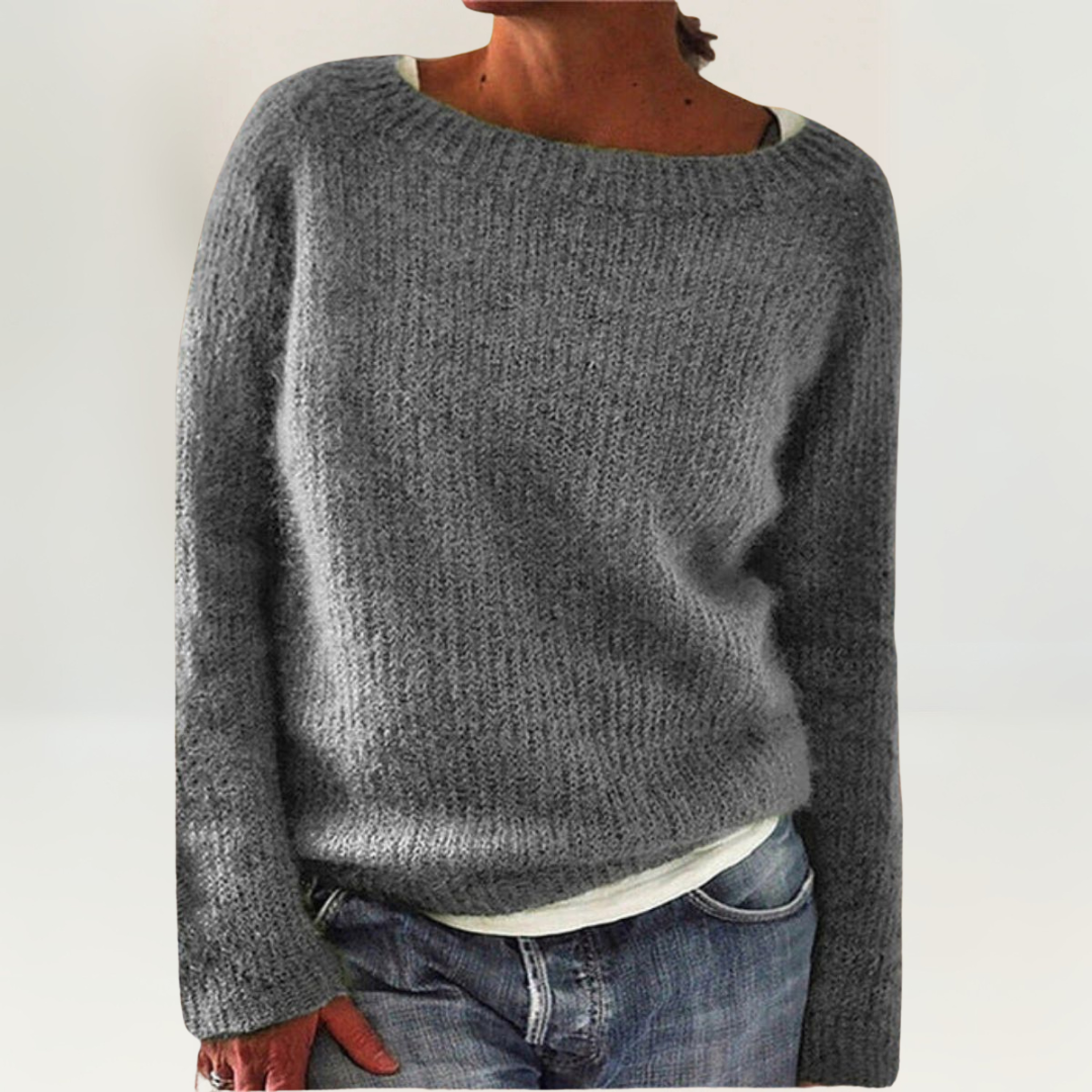 Nina striksweater med u-hals fra Elsebeth København, nærbillede af halsen