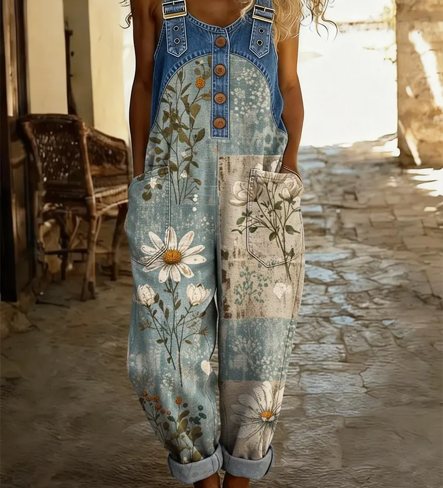 Maréa | Patchwork Denim Jumpsuit med Blomsterprint
