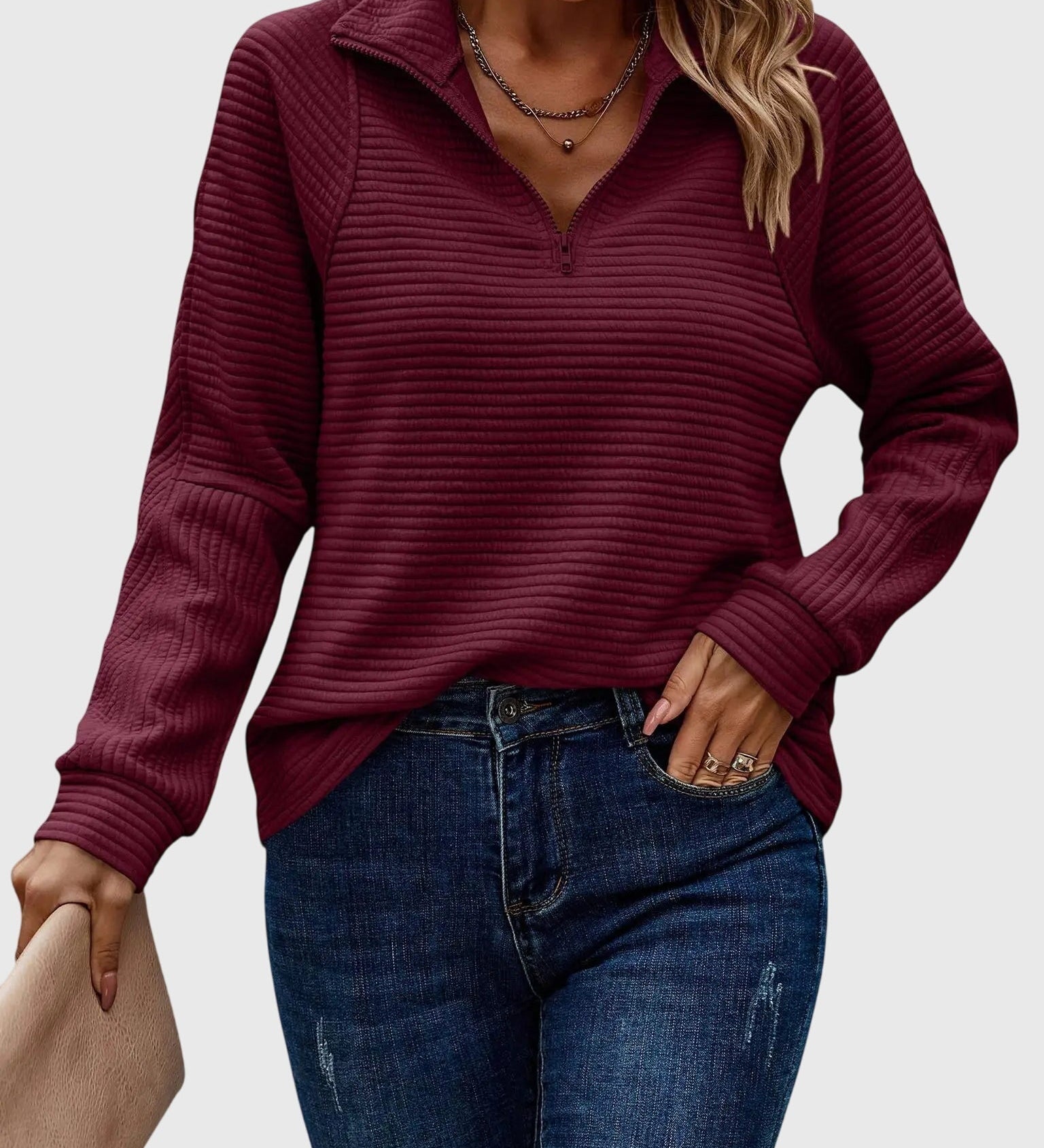 Christine sweater med halv lynlås fra Elsebeth København, set bagfra