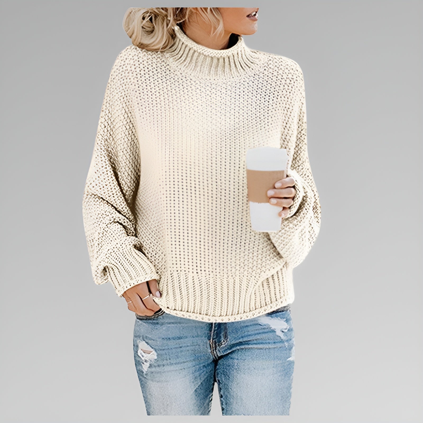 Anne striksweater med høj hals fra Elsebeth København, i fuld figur