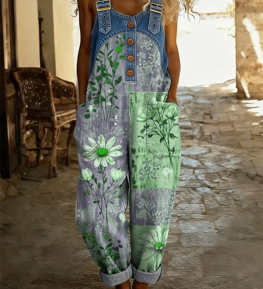 Maréa | Patchwork Denim Jumpsuit med Blomsterprint