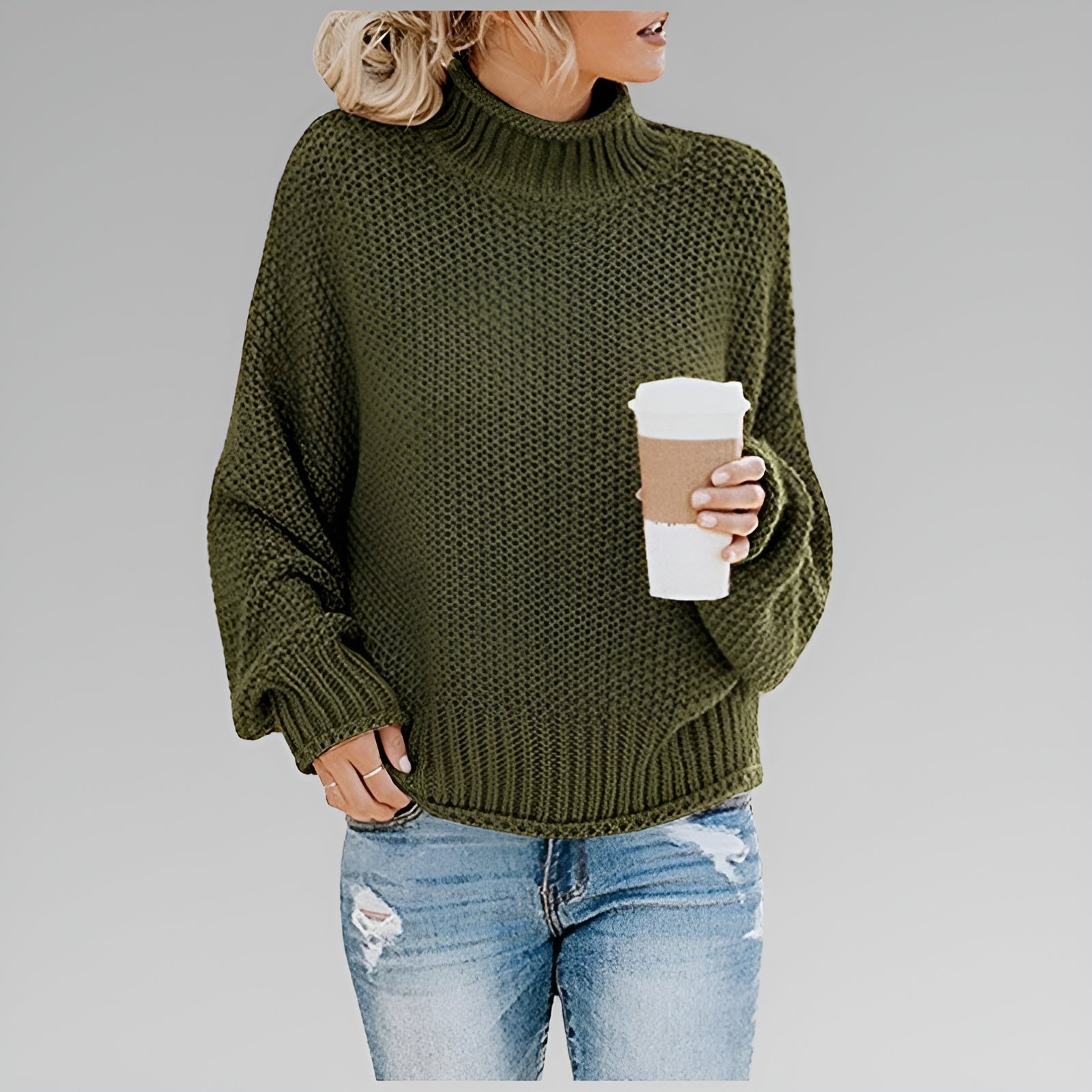 Anne striksweater med høj hals fra Elsebeth København, set fra siden