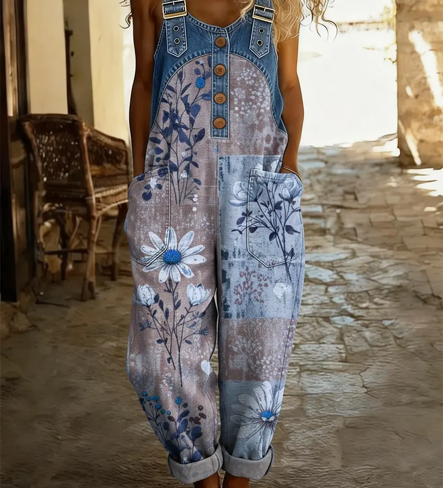 Maréa | Patchwork Denim Jumpsuit med Blomsterprint