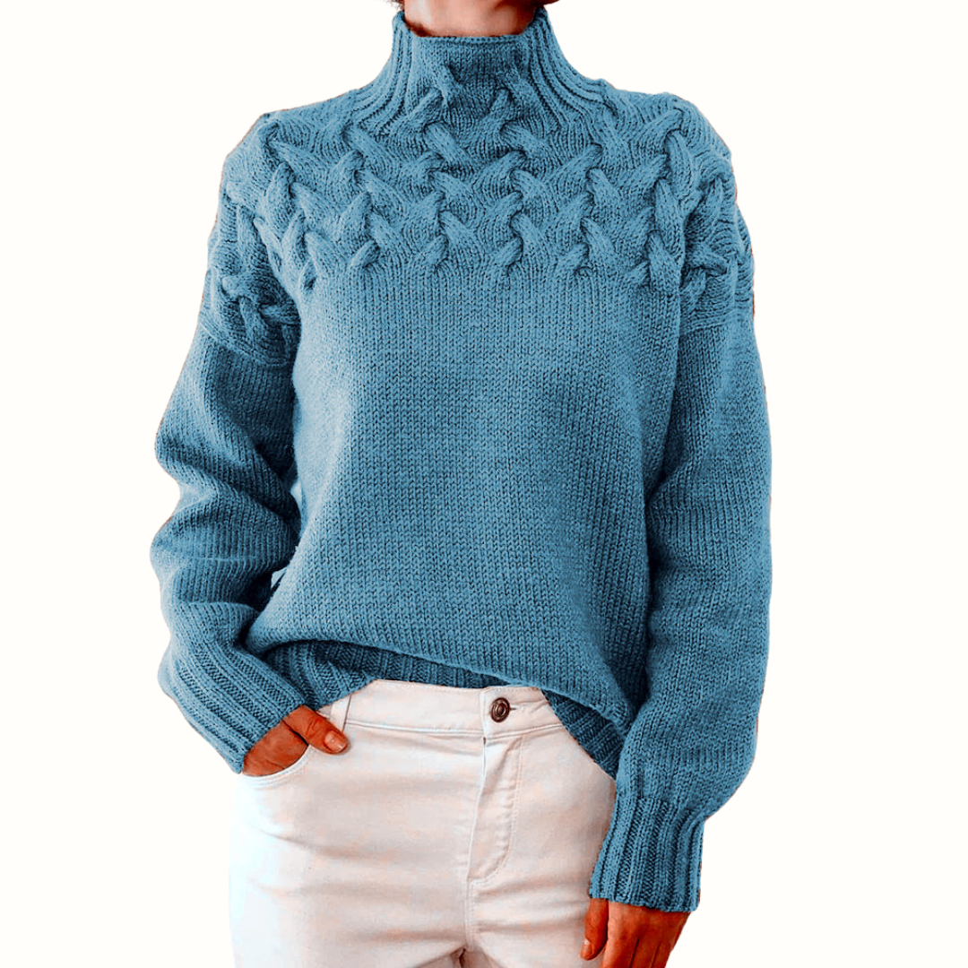 Nina strikket rullekravesweater fra Elsebeth København, detalje af strikken