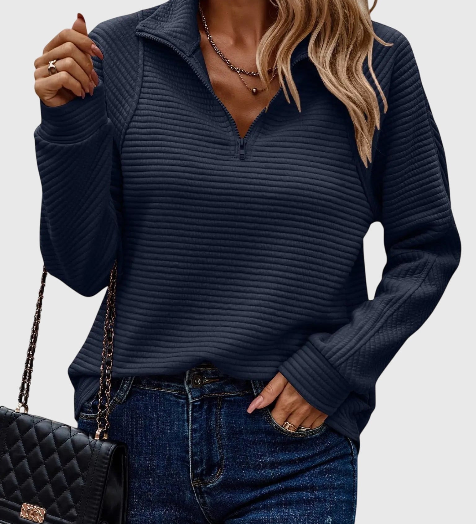 Christine sweater med halv lynlås fra Elsebeth København, detalje af ærmet
