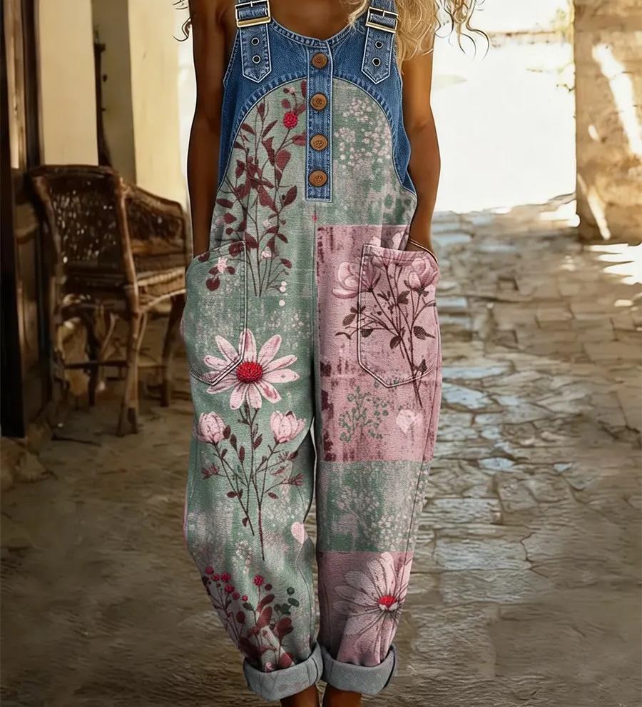 Maréa | Patchwork Denim Jumpsuit med Blomsterprint