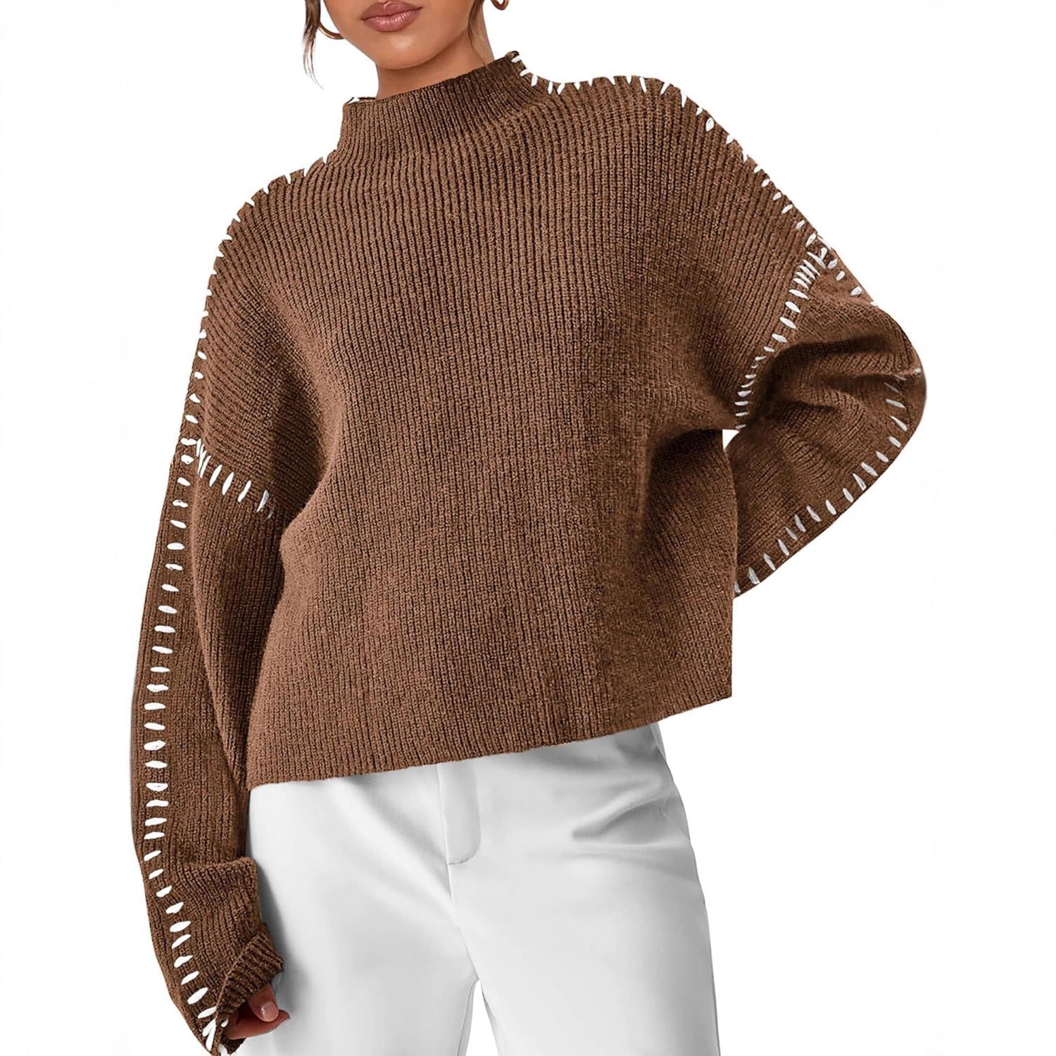 Nina ribstrikket sweater med høj hals fra Elsebeth København, detalje af kanten