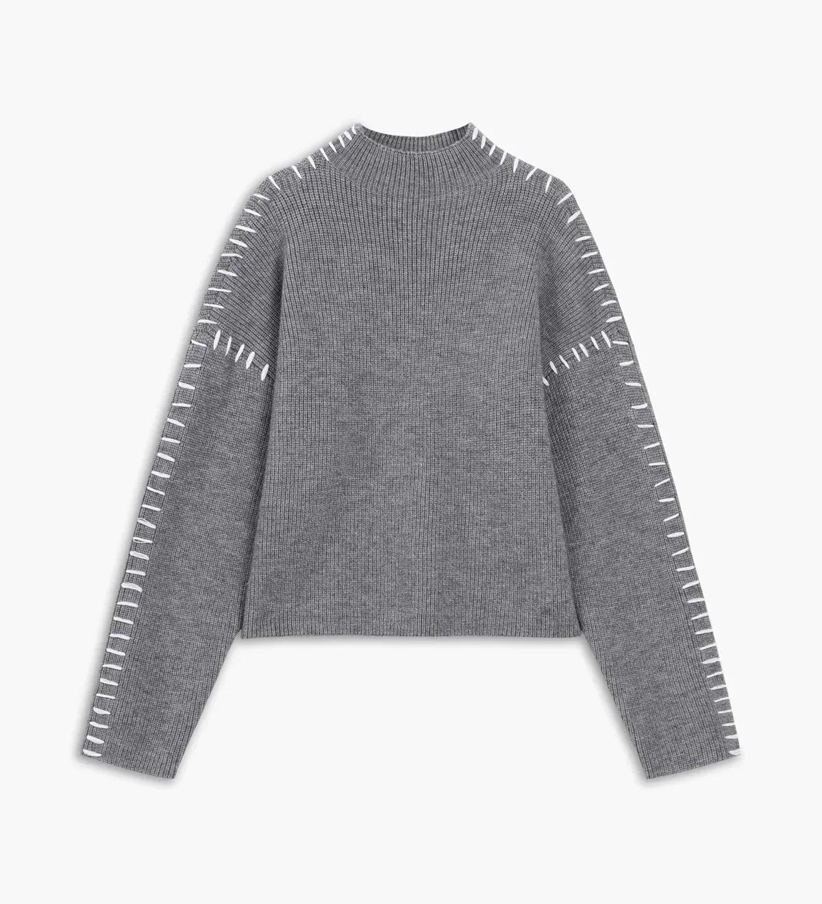 Nina ribstrikket sweater med høj hals fra Elsebeth København, nærbillede af halsen