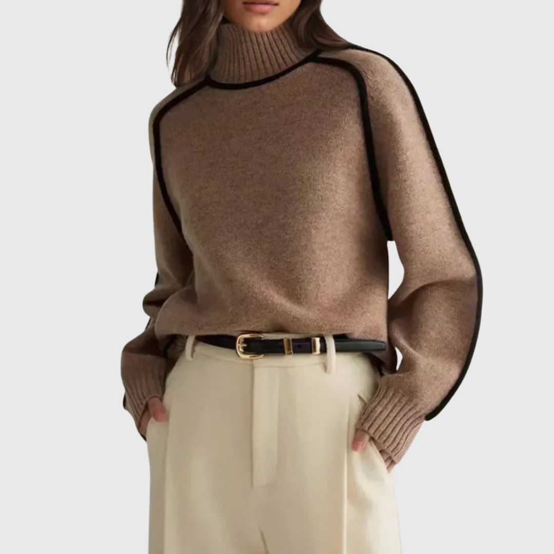 Sandrine rullekravesweater med kantdetalje fra Elsebeth København, set forfra